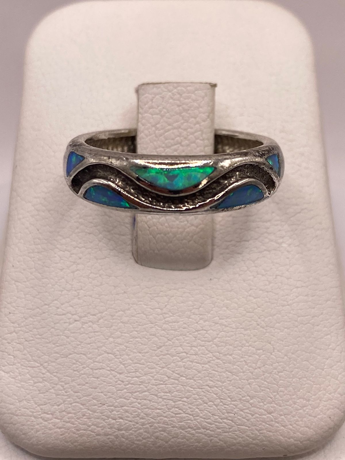 Anillo Ópalo de Fuego Azul & Verde Diseño Ondas Plata Ley 950