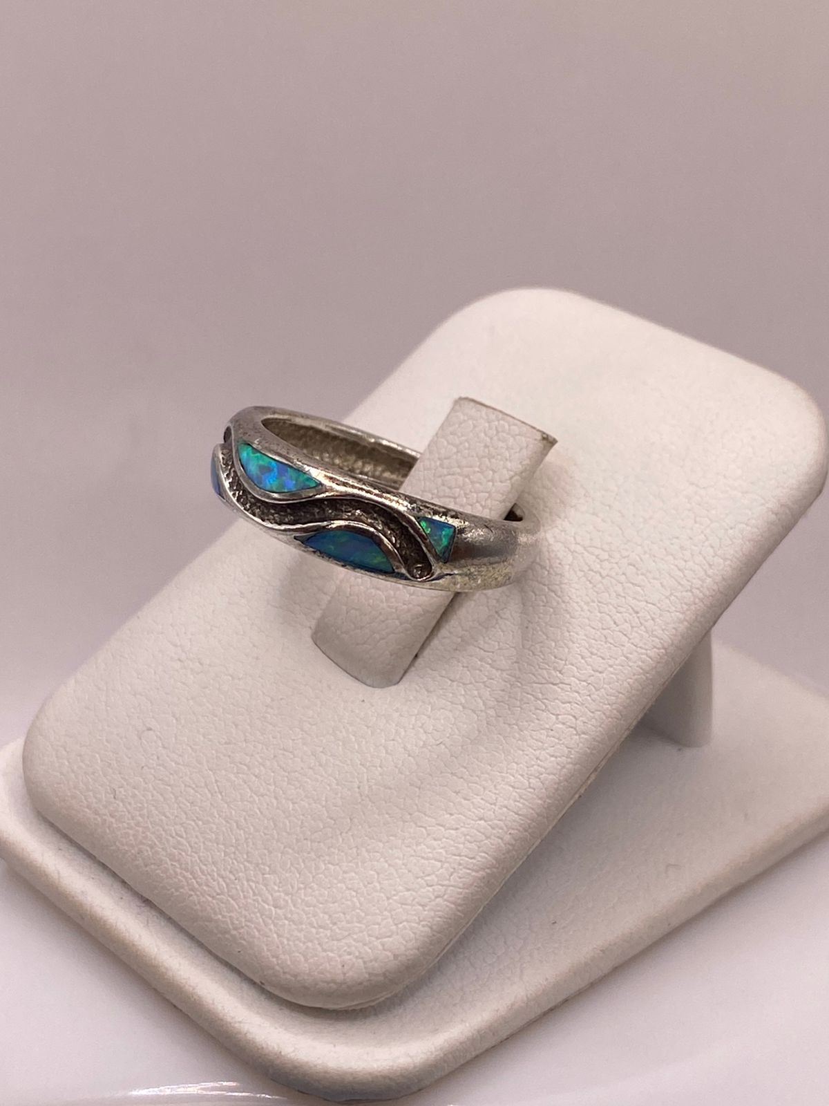 Anillo Ópalo de Fuego Azul & Verde Diseño Ondas Plata Ley 950