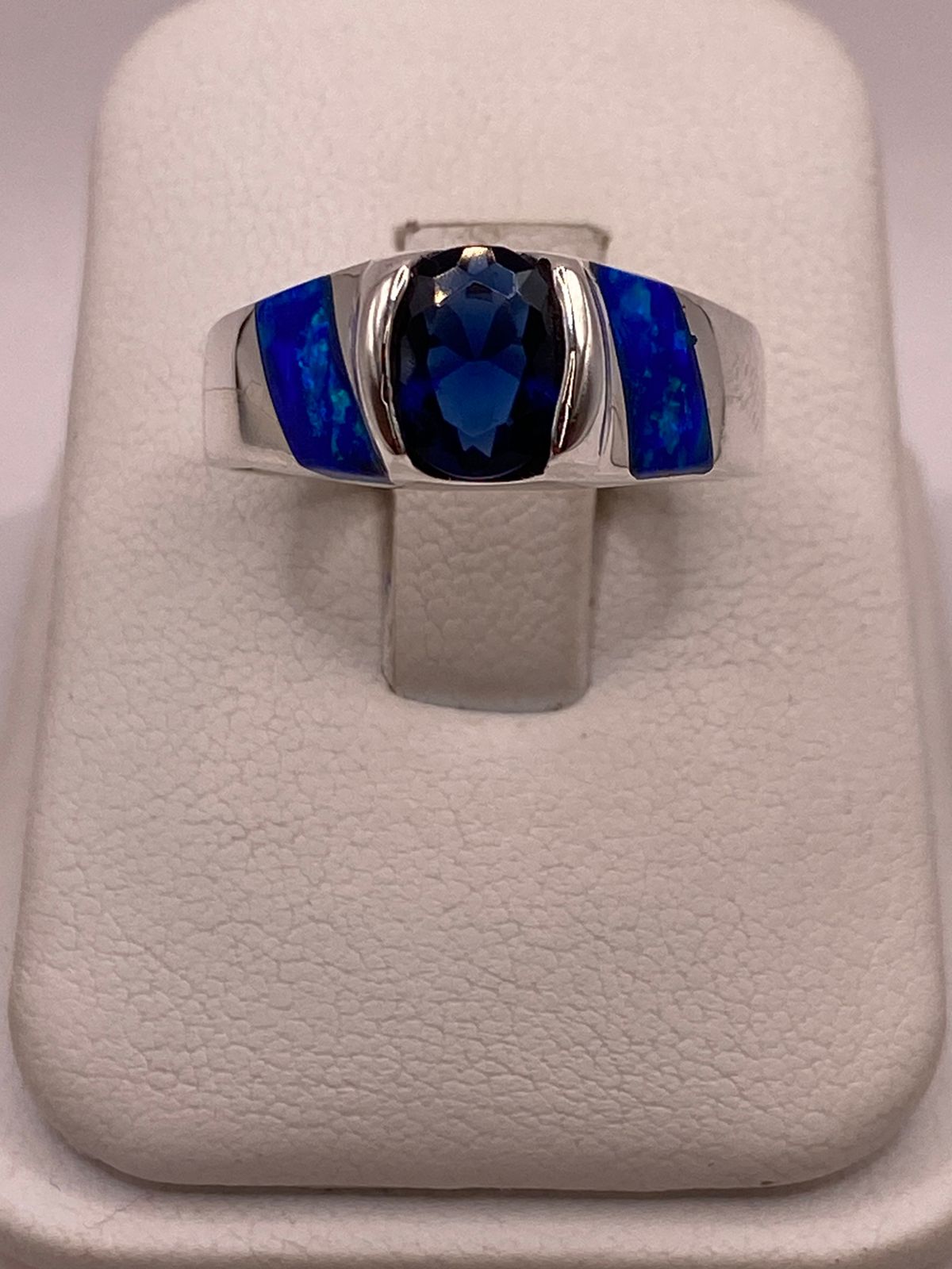 Anillo con Ópalo de Fuego y Zirconia Azul en Plata Ley .950