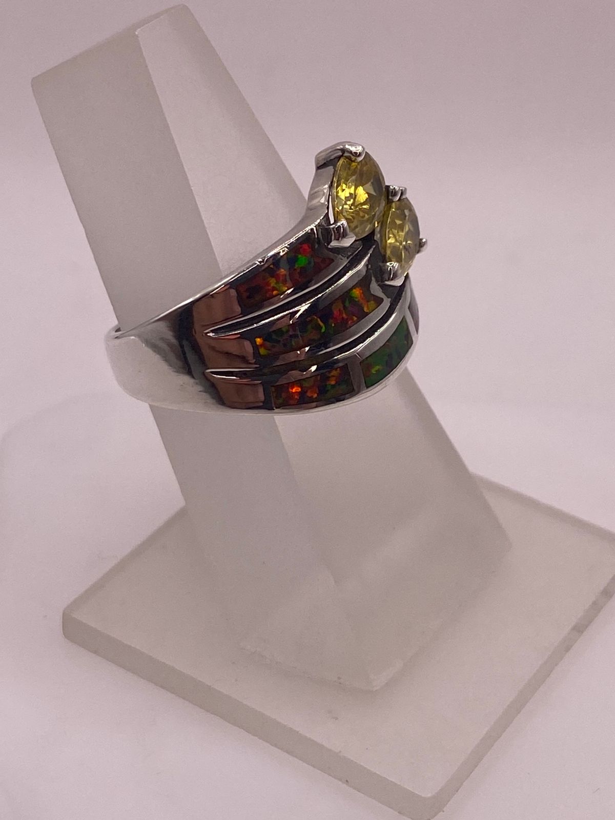 💍🔥 ANILLO ÓPALO ROJO FUEGO & DOBLE ZIRCONIA CITRINO PLATA 925