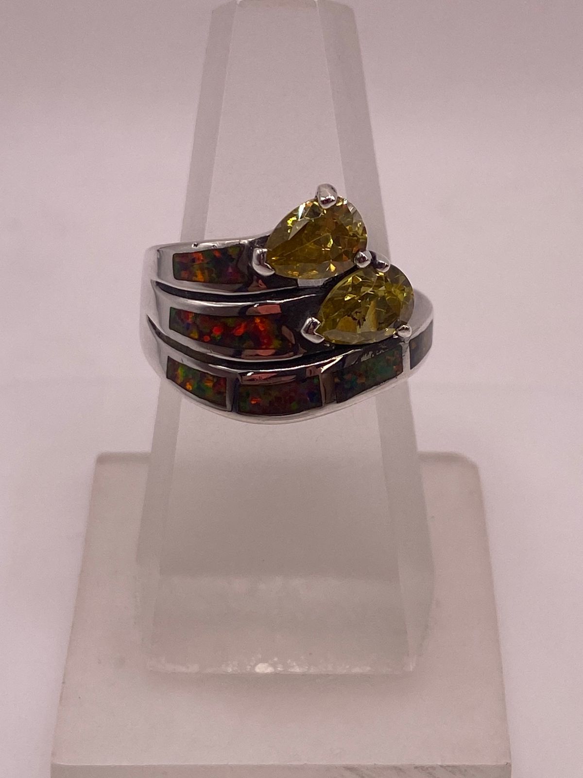 💍🔥 ANILLO ÓPALO ROJO FUEGO & DOBLE ZIRCONIA CITRINO PLATA 925