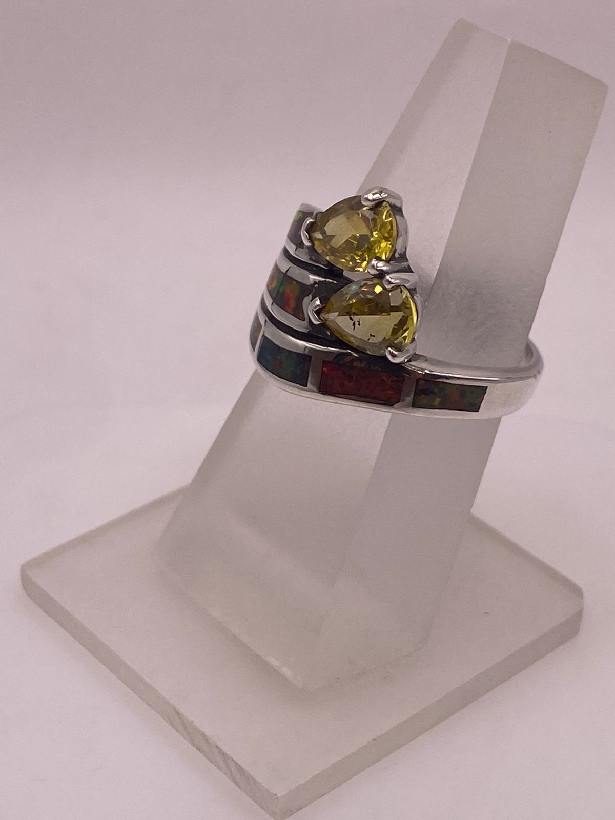 💍🔥 ANILLO ÓPALO ROJO FUEGO & DOBLE ZIRCONIA CITRINO PLATA 925