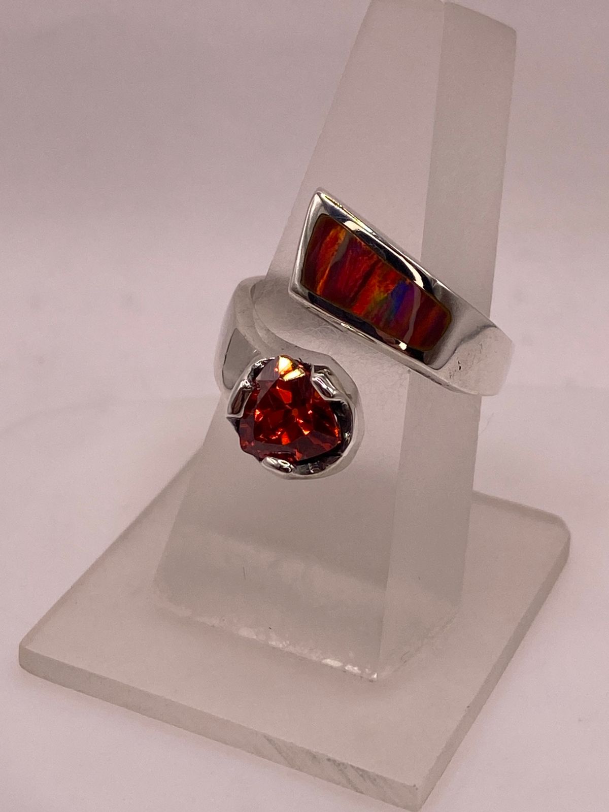 🧡 ANILLO DE PLATA .950 CON ZIRCONIA NARANJA Y ÓPALO DE FUEGO DISEÑO ABIERTO MODERNO