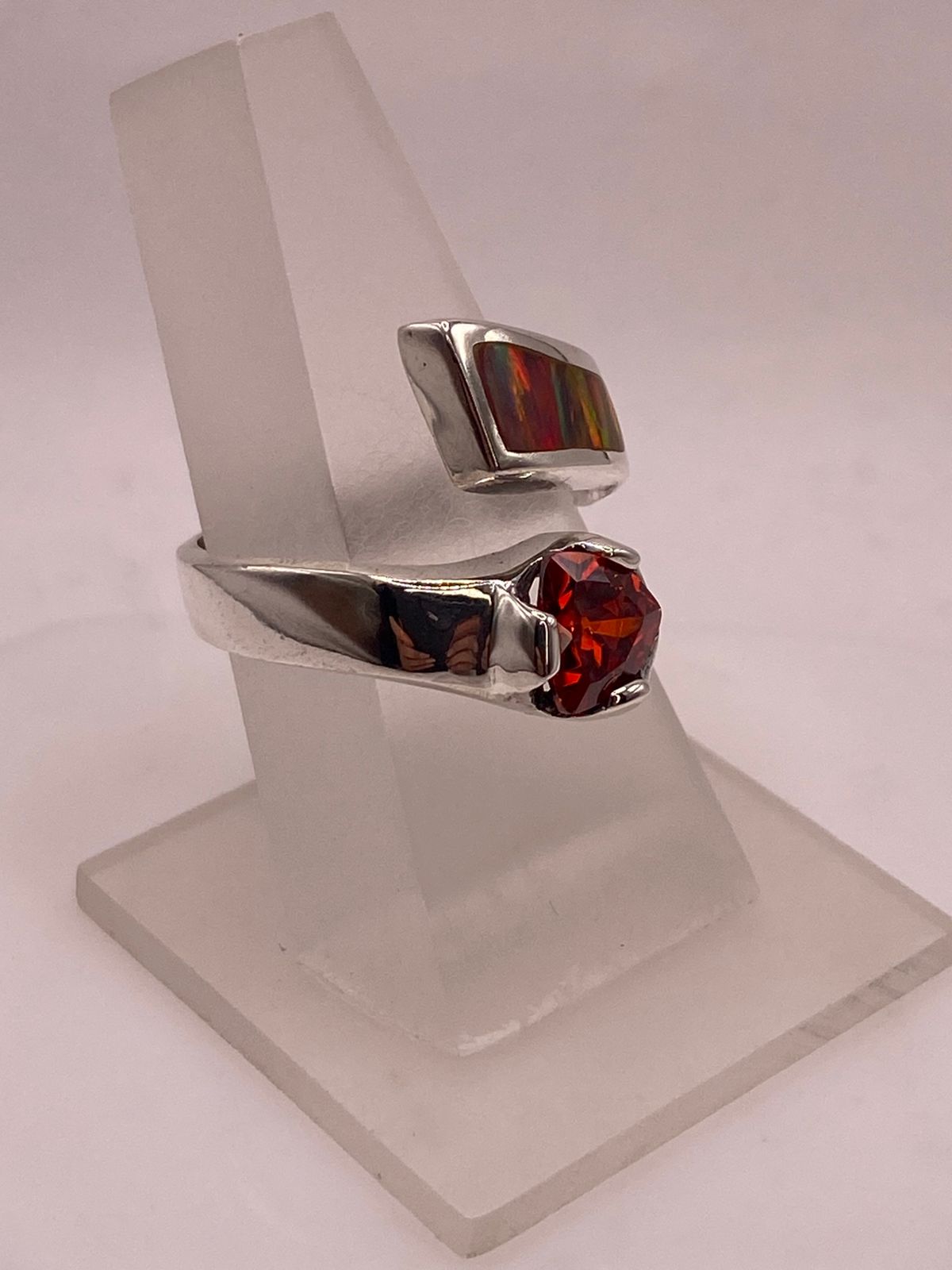 🧡 ANILLO DE PLATA .950 CON ZIRCONIA NARANJA Y ÓPALO DE FUEGO DISEÑO ABIERTO MODERNO