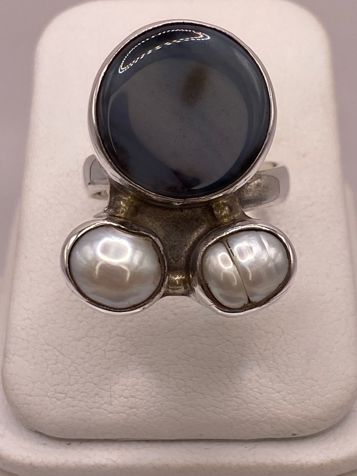 Anillo de Plata Ley 925 con Ágata Azul y Nácar