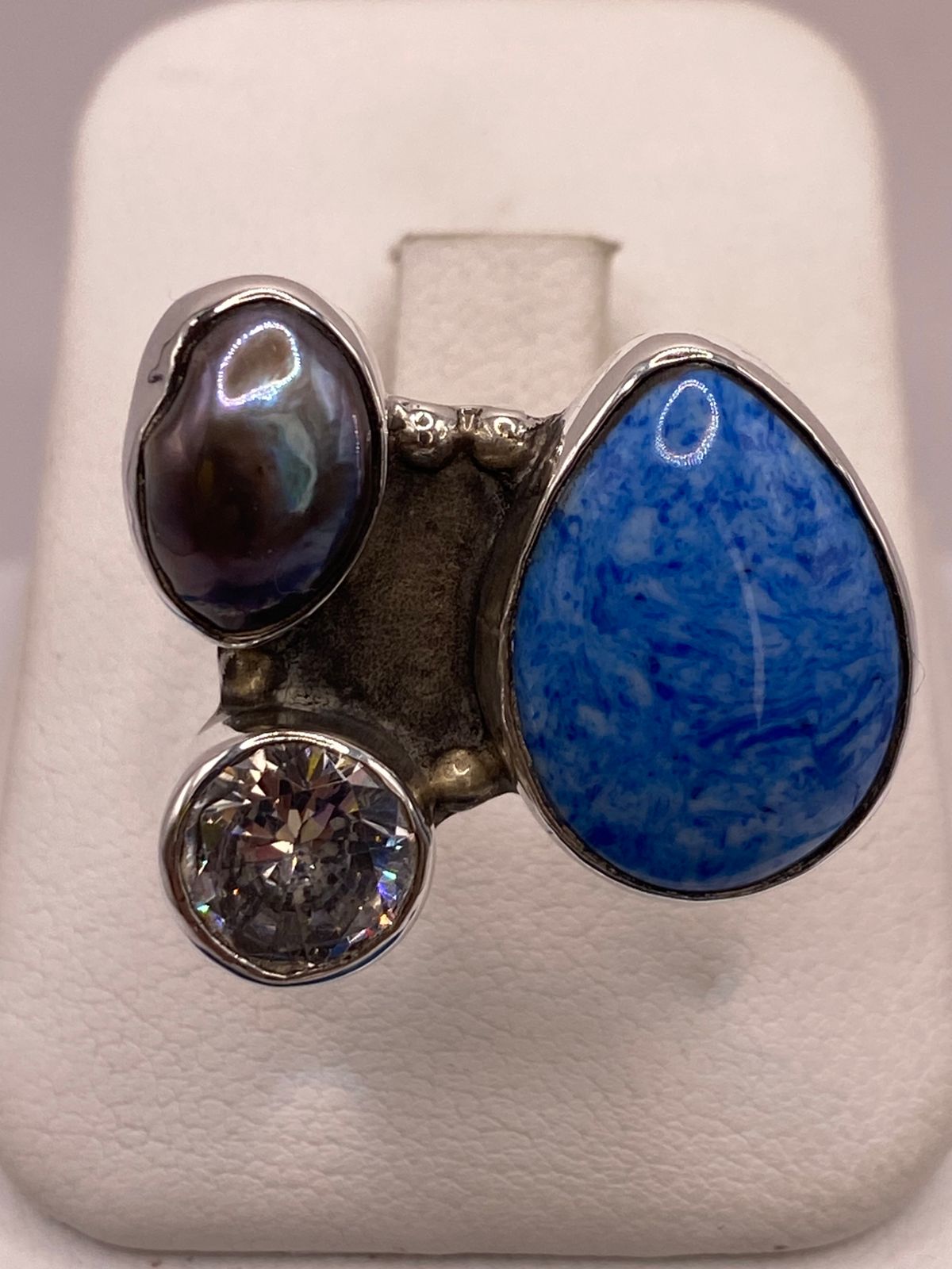 Anillo de Plata Ley 925 con Jaspe Azul, Nácar y Zirconia