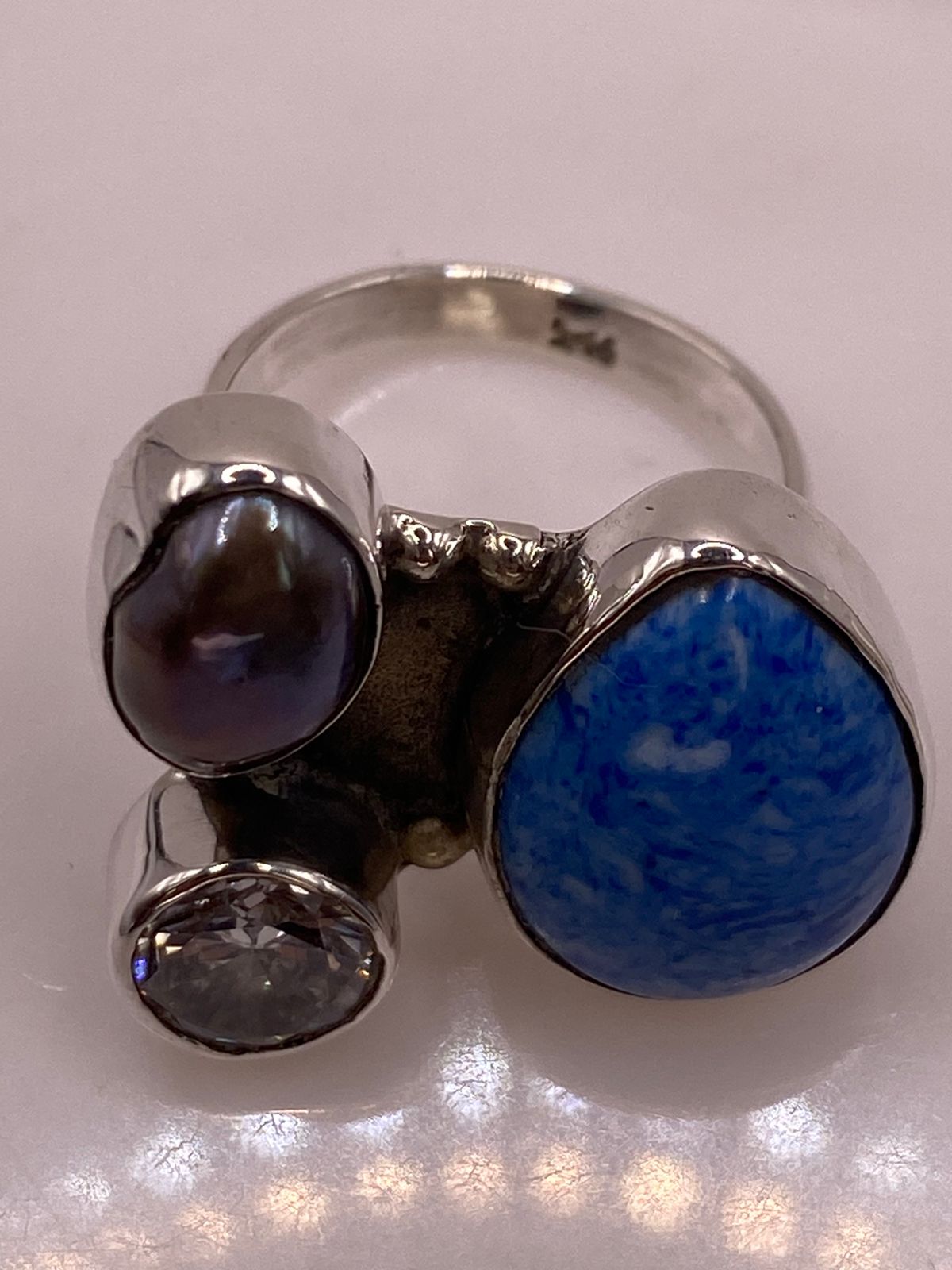 Anillo de Plata Ley 925 con Jaspe Azul, Nácar y Zirconia