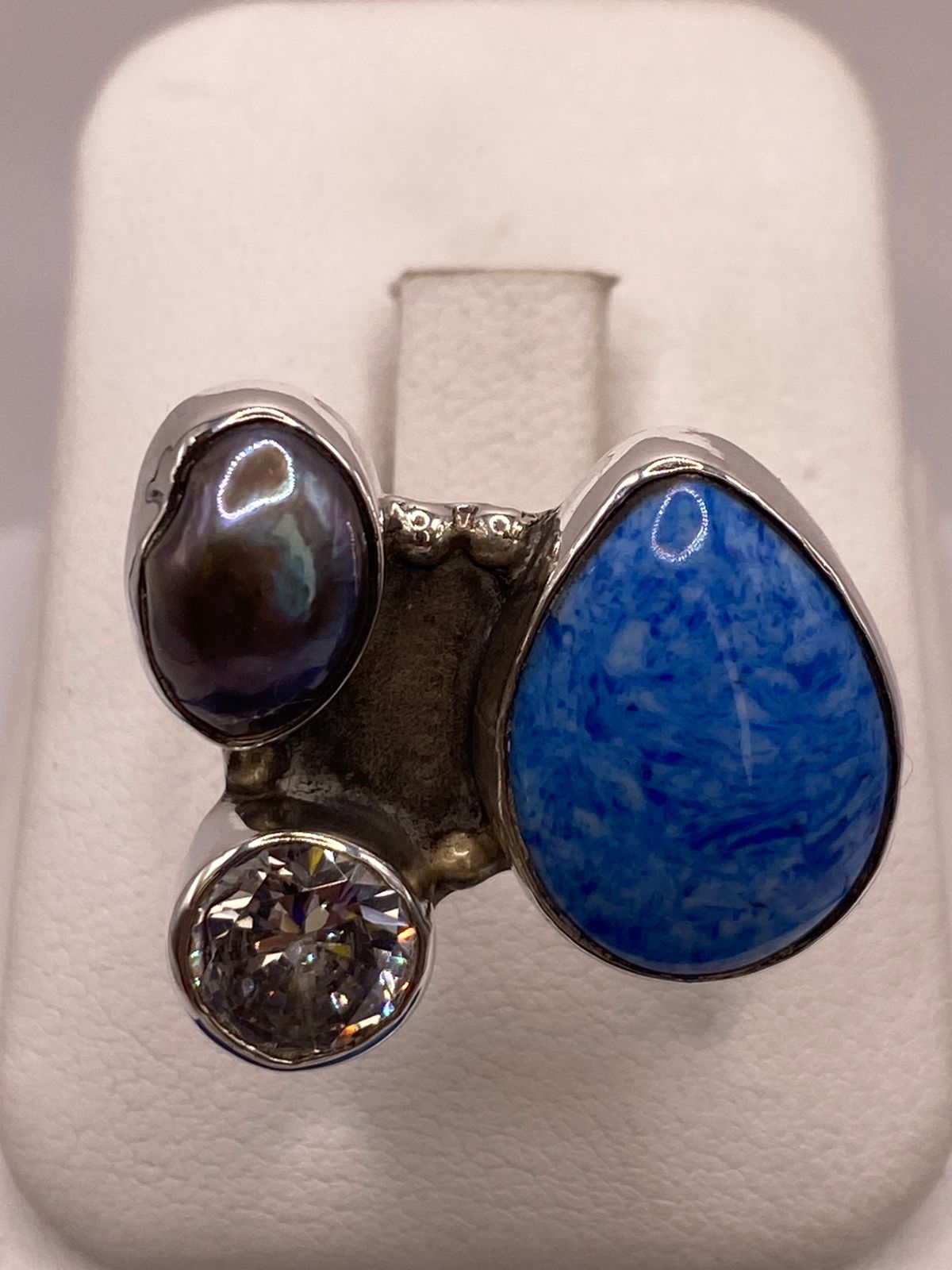 Anillo de Plata Ley 925 con Jaspe Azul, Nácar y Zirconia