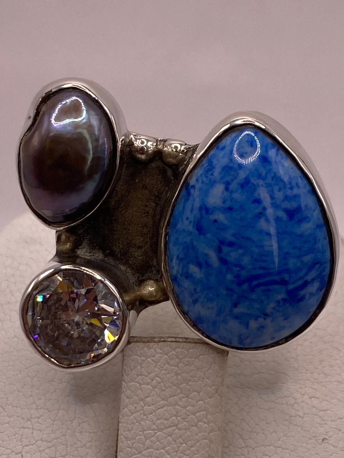 Anillo de Plata Ley 925 con Jaspe Azul, Nácar y Zirconia