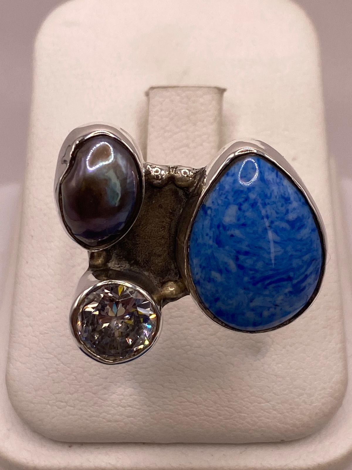 Anillo de Plata Ley 925 con Jaspe Azul, Nácar y Zirconia