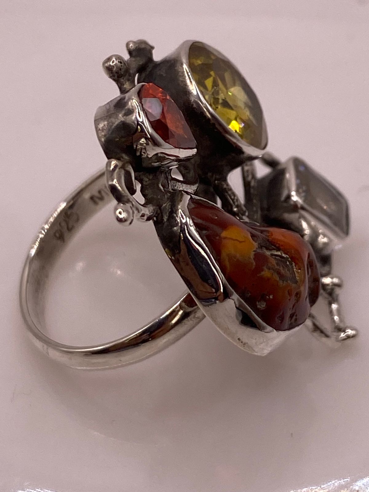 Anillo de Plata Ley 925 con Jaspe Multicolor y Zirconia