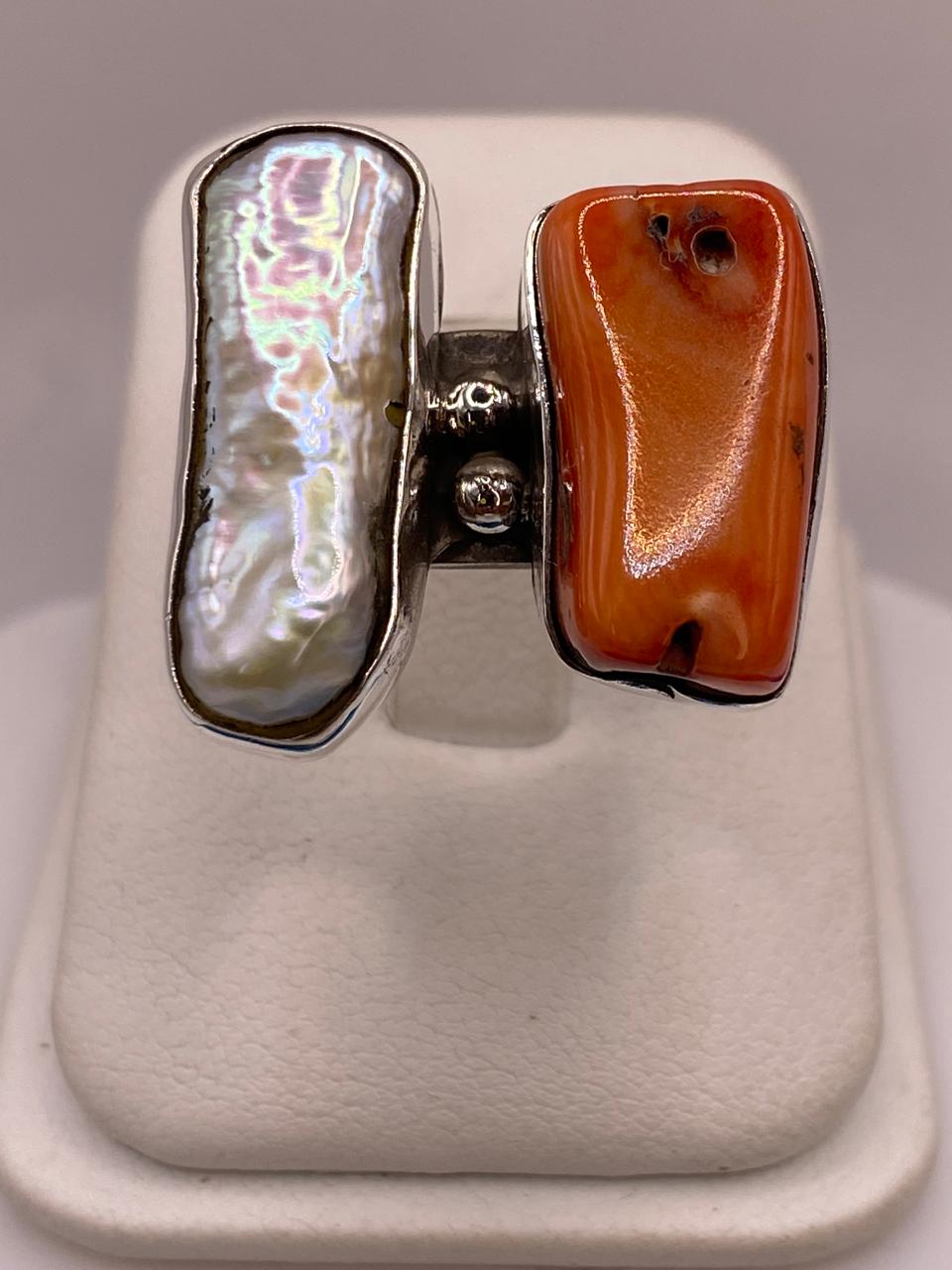 Anillo de Plata Ley 925 con Nácar y Coral