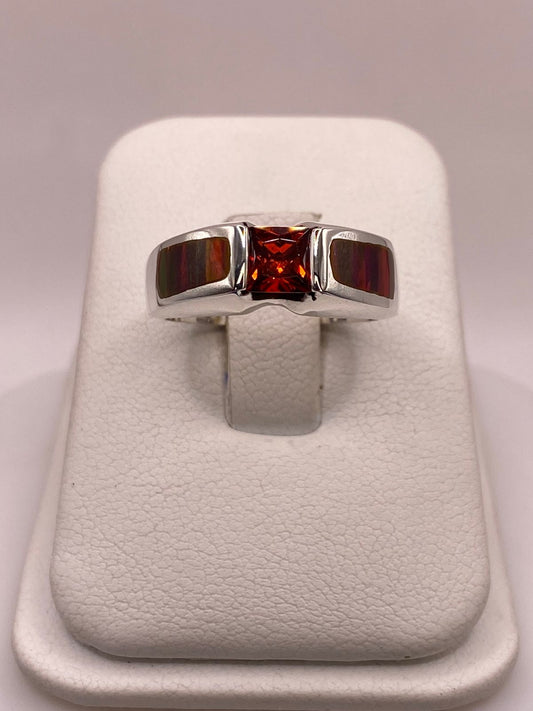 Anillo de Plata Ley 950 con Ópalo de Fuego Multicolor y Zirconia Naranja, vista frontal