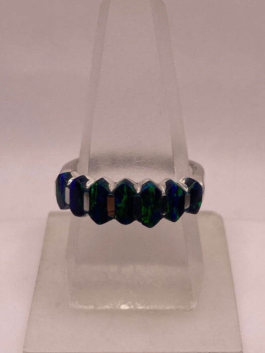 💙 ANILLO DE PLATA .950 CON ÓPALO DE FUEGO AZUL DISEÑO CONTEMPORÁNEO MULTIPIEDRA