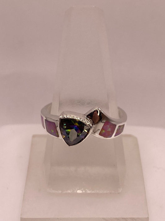 🌈 Anillo de Plata .950 con Ópalo de Fuego y Zirconia Multicolor Diseño Moderno — ángulo diagonal