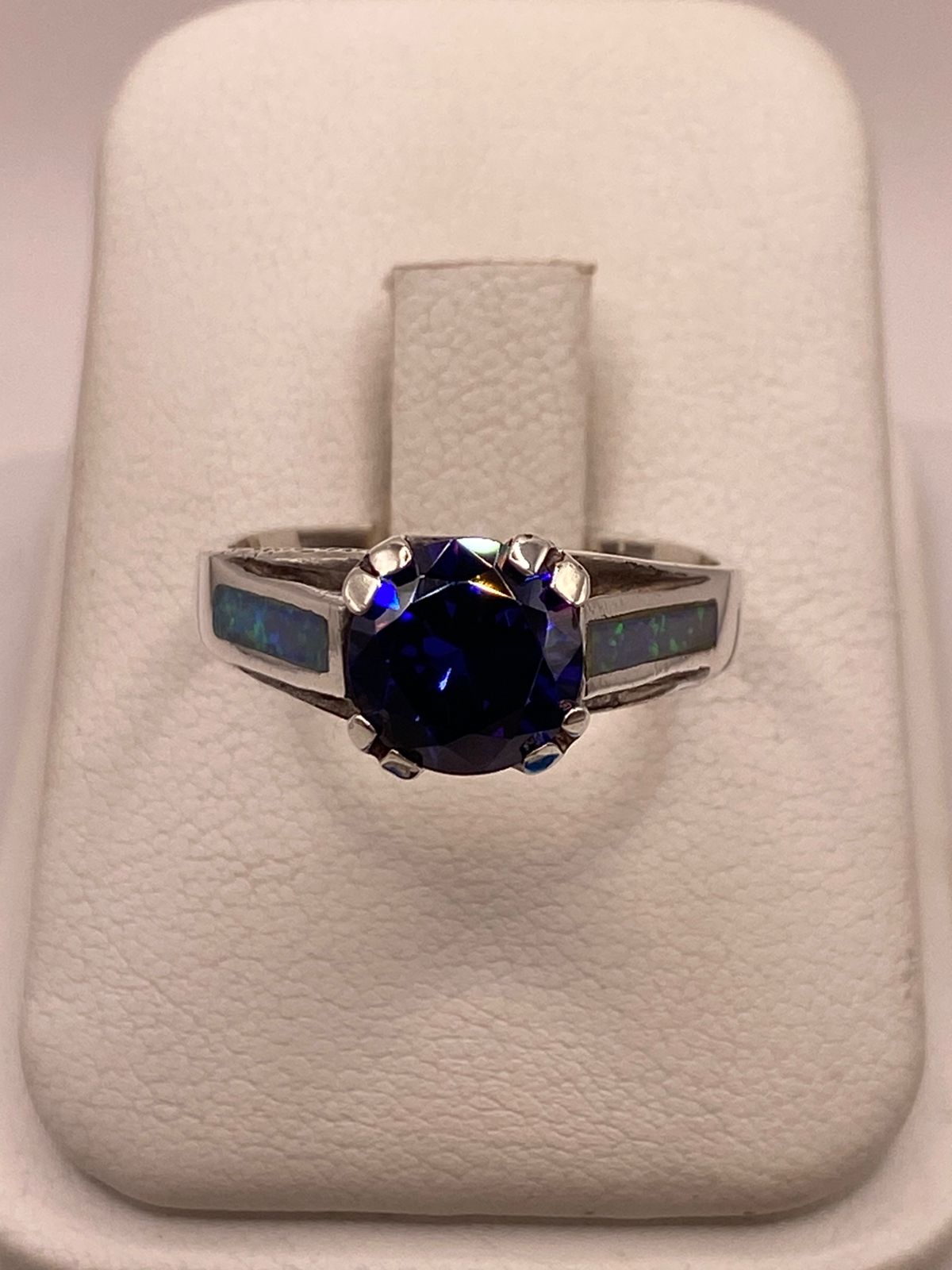 💙 Anillo de Plata .950 con Zirconia Azul y Ópalo de Fuego Diseño Solitario