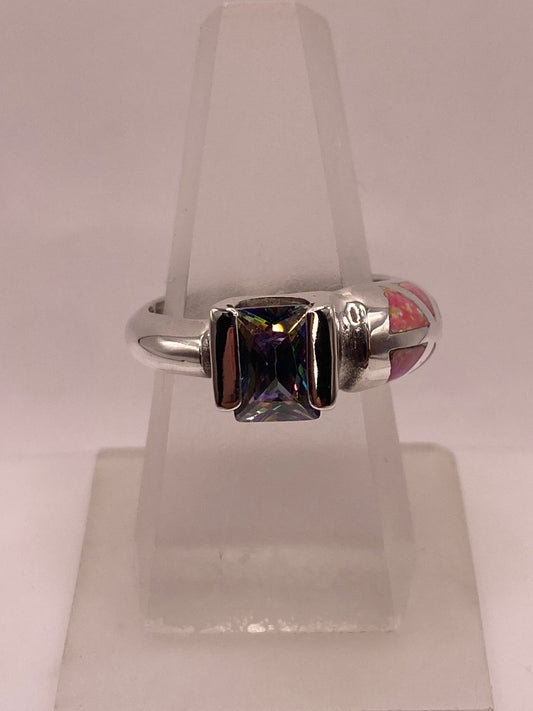 💗 ANILLO DE PLATA .950 CON ZIRCONIA MULTICOLOR Y ÓPALO DE FUEGO ROSA DISEÑO ABIERTO MODERNO