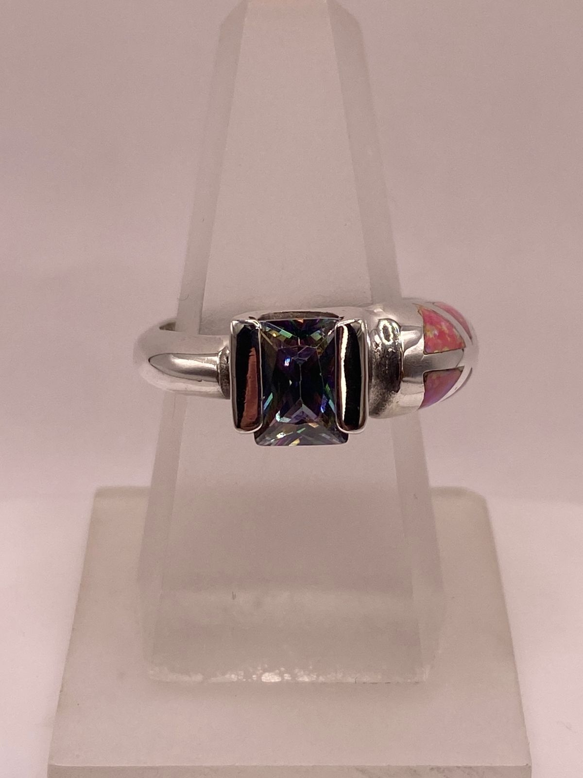 💗 Anillo de Plata .950 con Zirconia Multicolor y Ópalo de Fuego Rosa Diseño Abierto Moderno