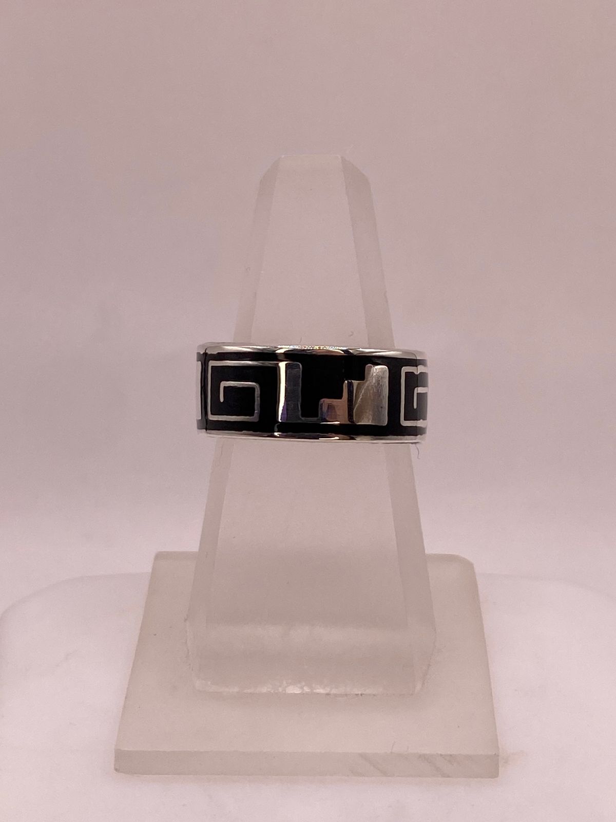 Anillo de Plata .925 con Obsidiana y Greca Prehispánica
