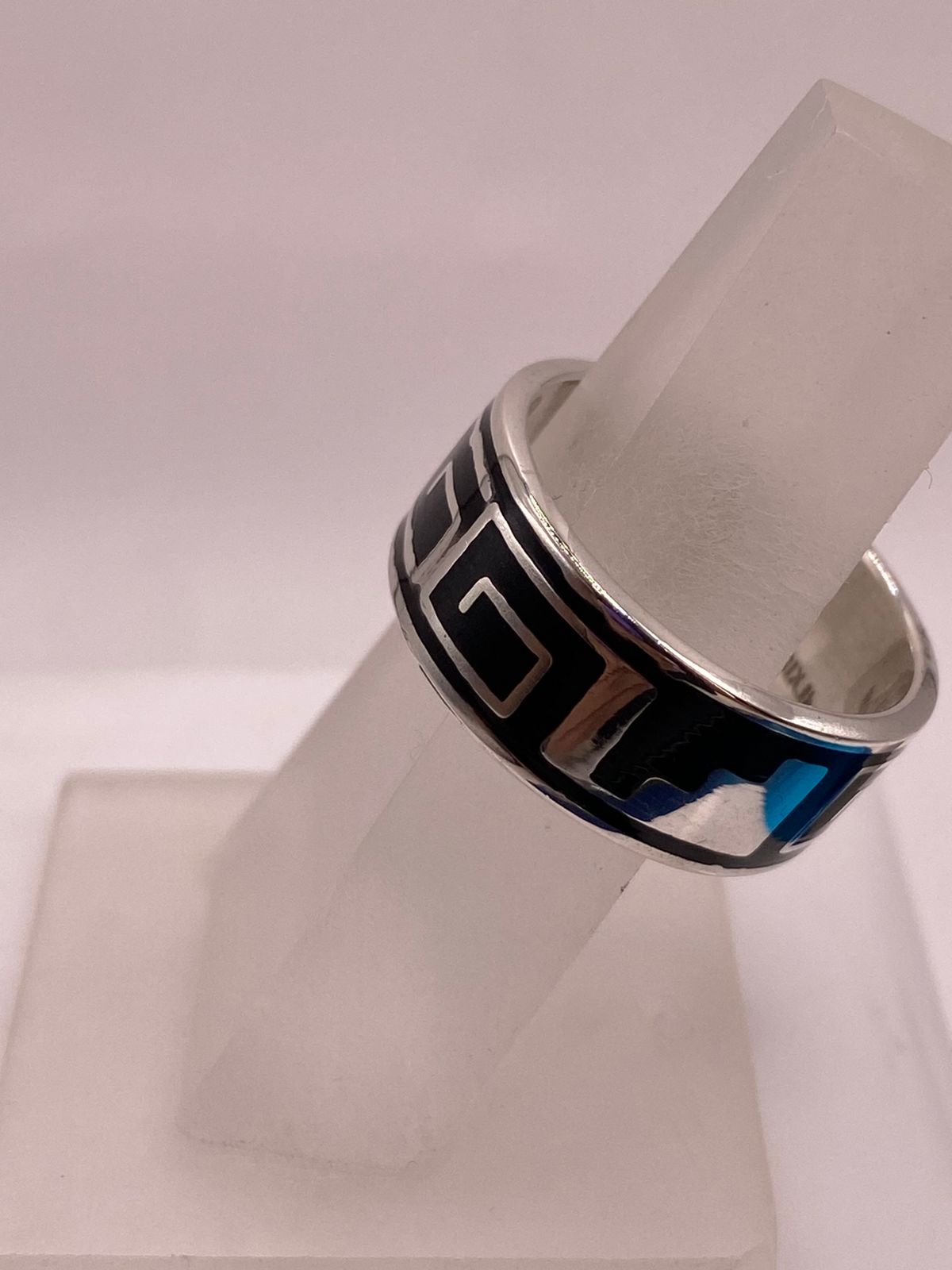 Anillo de Plata .925 con Obsidiana y Greca Prehispánica
