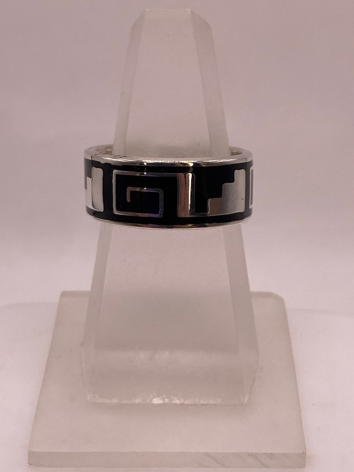 Anillo de Plata .925 con Obsidiana y Greca Prehispánica