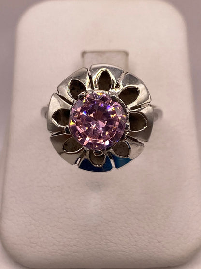 Anillo de Plata 925 con Zirconia Rosa Facetada, Diseño Floral Hecho