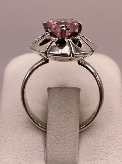 Anillo de Plata 925 con Zirconia Rosa Facetada, Diseño Floral Hecho