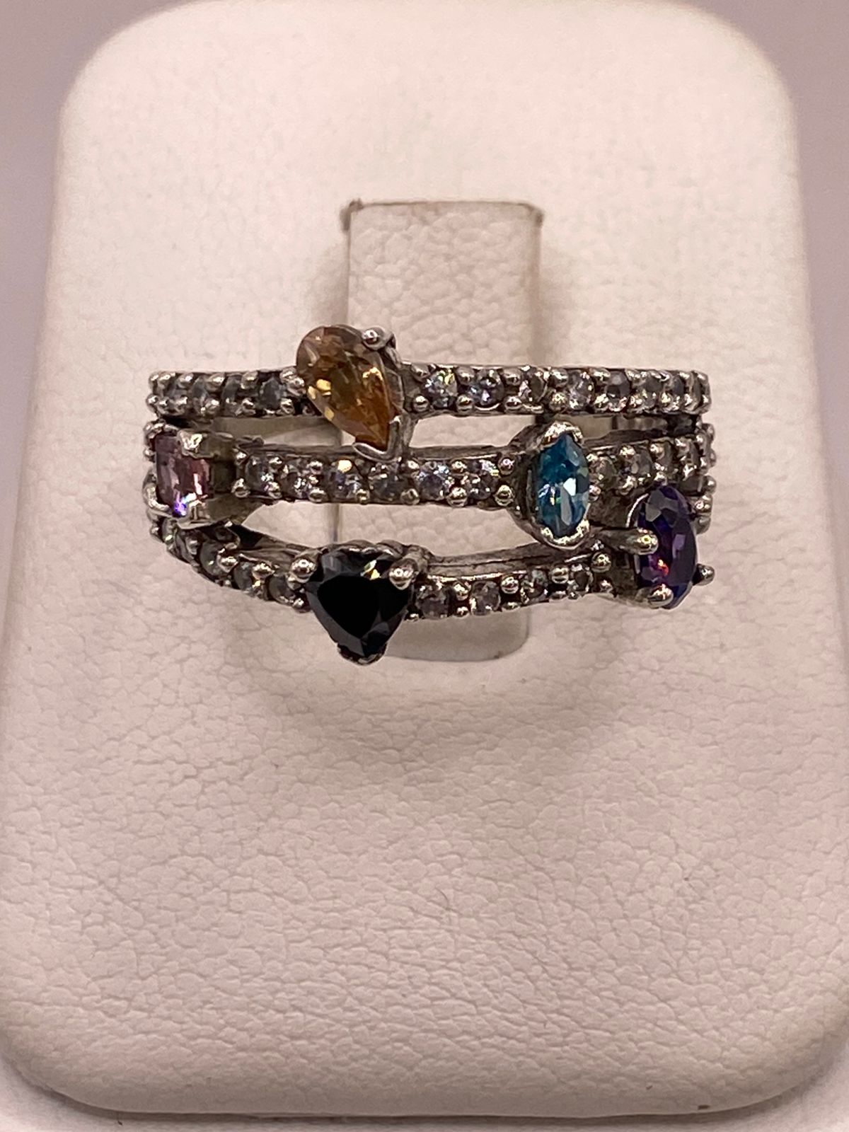 Anillo de Plata 925 con Zirconias Multicolor, Diseño Triple Banda