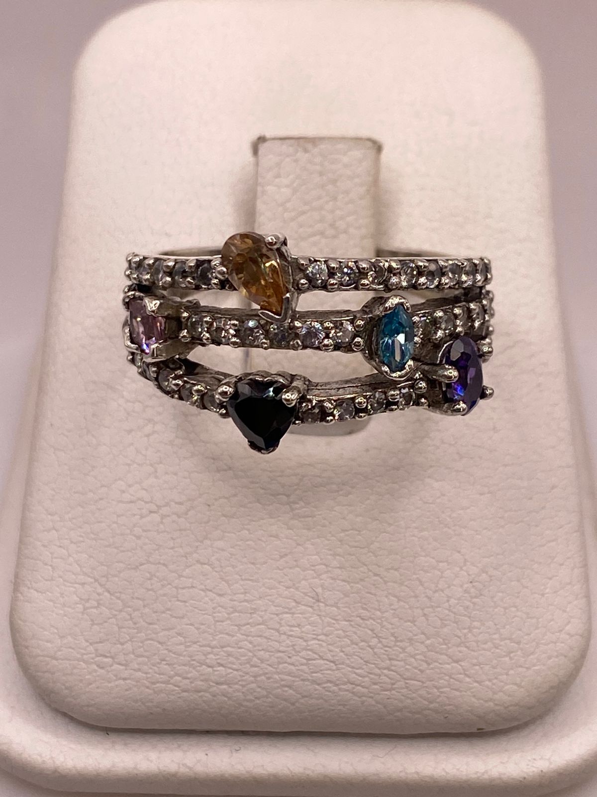 Anillo de Plata 925 con Zirconias Multicolor, Diseño Triple Banda