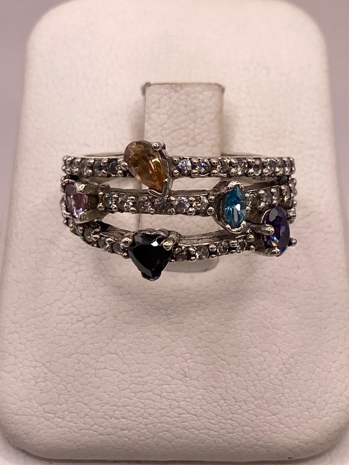 Anillo de Plata 925 con Zirconias Multicolor, Diseño Triple Banda