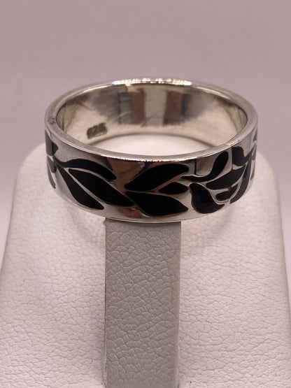 Anillo de Plata .925 con Obsidiana y Figuras de Hojas, sello de autenticidad Plata Ley .925