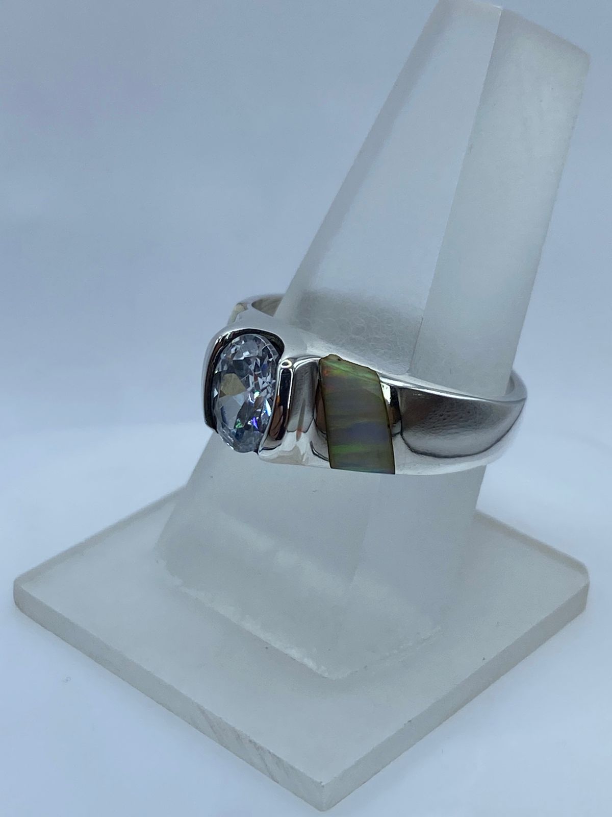 Anillo de Plata .950 con Ópalo de Fuego y Zirconia Blanca
