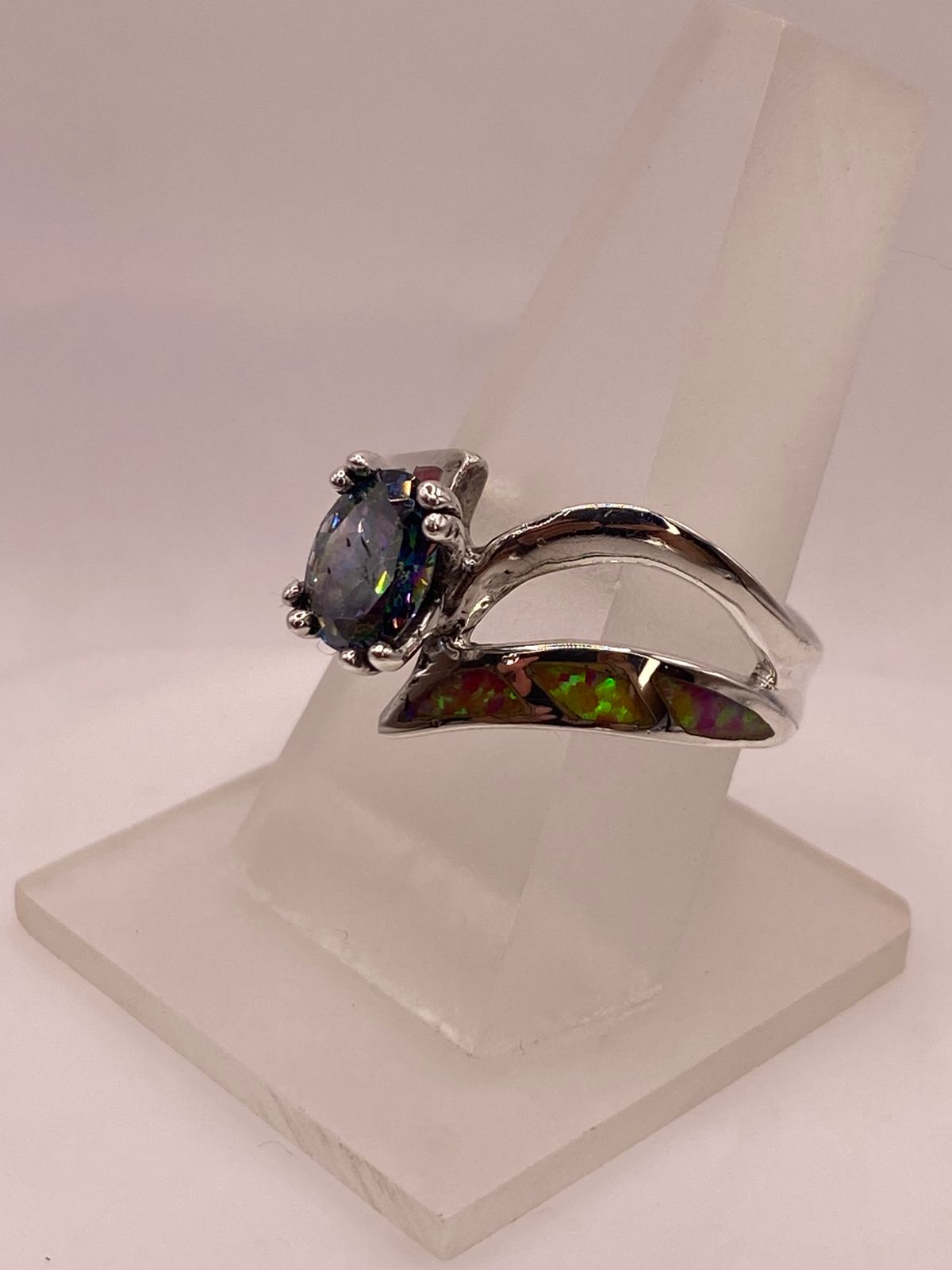 💎 Anillo de Plata .950 con Ópalo de Fuego y Zirconia Multicolor Diseño Elegante