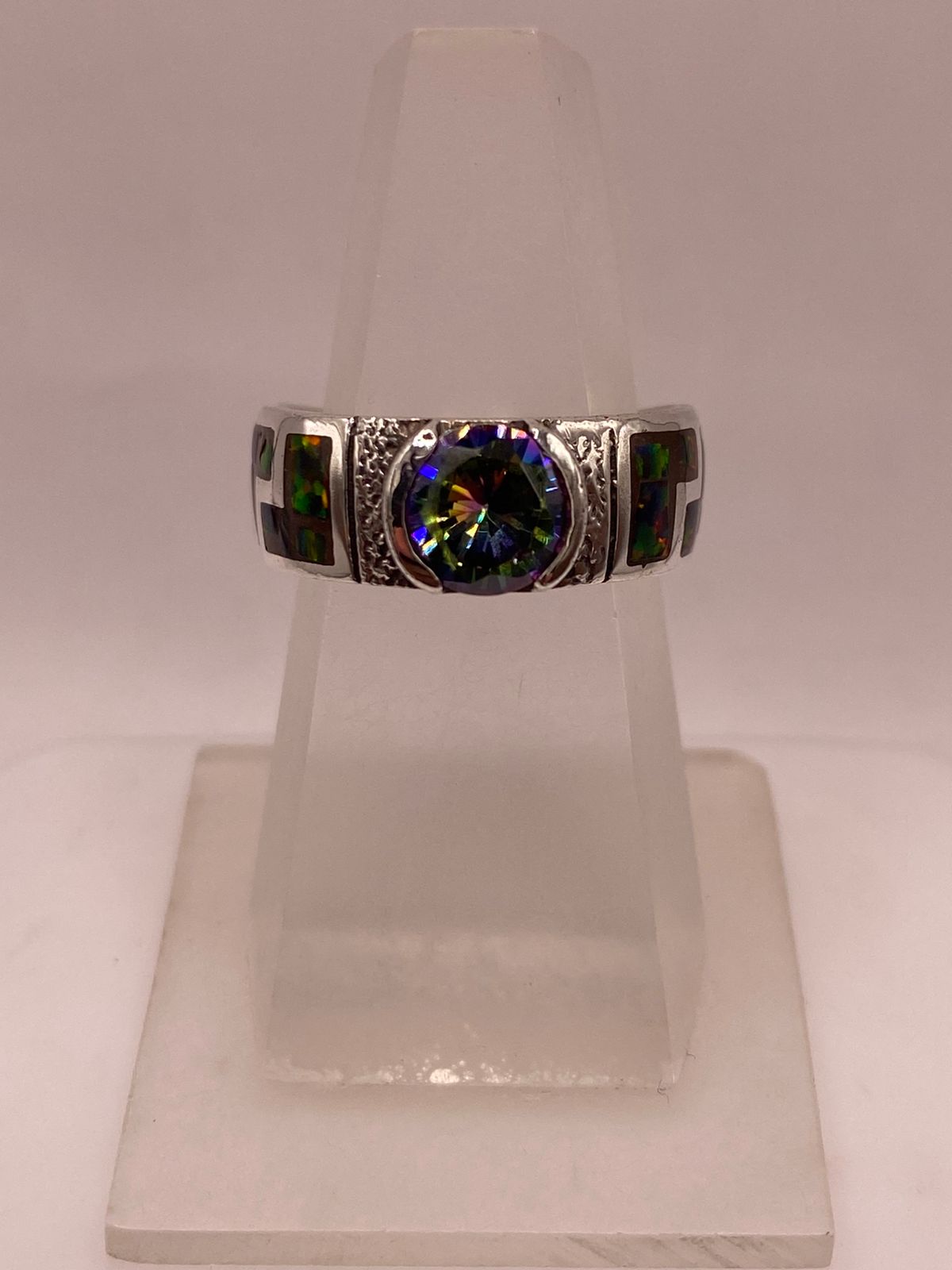 Anillo de Plata .950 con Ópalo de Fuego y Zirconia Multicolor Diseño Greca