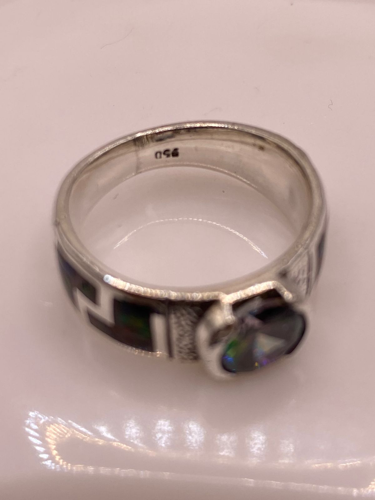 Anillo de Plata .950 con Ópalo de Fuego y Zirconia Multicolor Diseño Greca