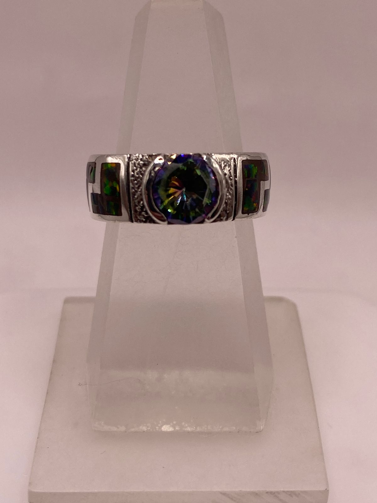 Anillo de Plata .950 con Ópalo de Fuego y Zirconia Multicolor Diseño Greca