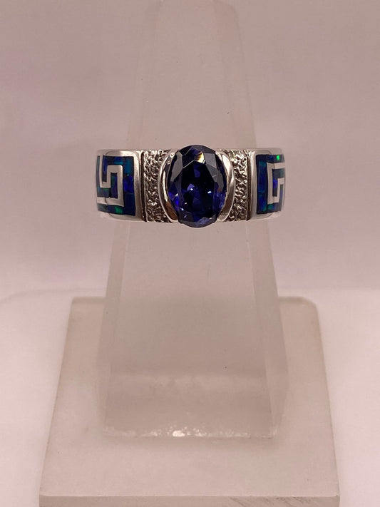 💙 Anillo de Plata .950 con Ópalo de Fuego y Zirconia Azul – Diseño Greca — ángulo diagonal