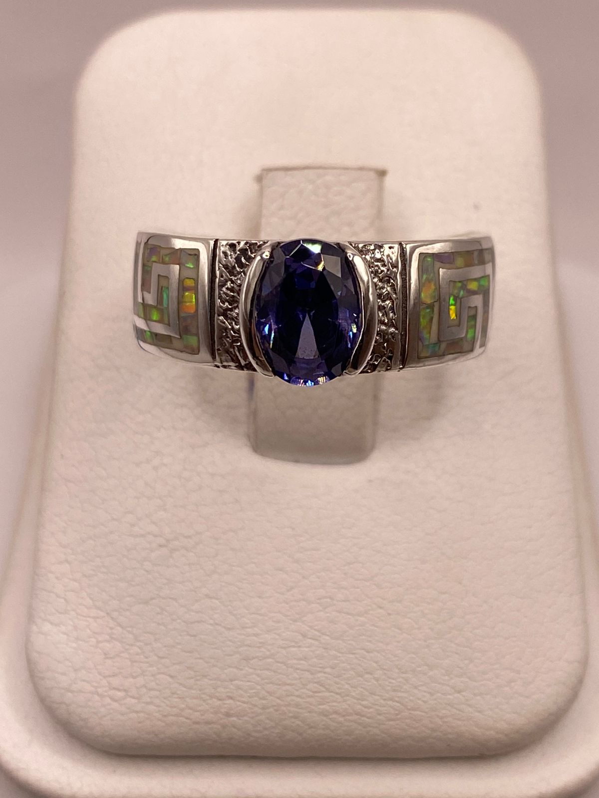 💙 Anillo de Plata .950 con Ópalo de Fuego y Zirconia Azul – Diseño Greca