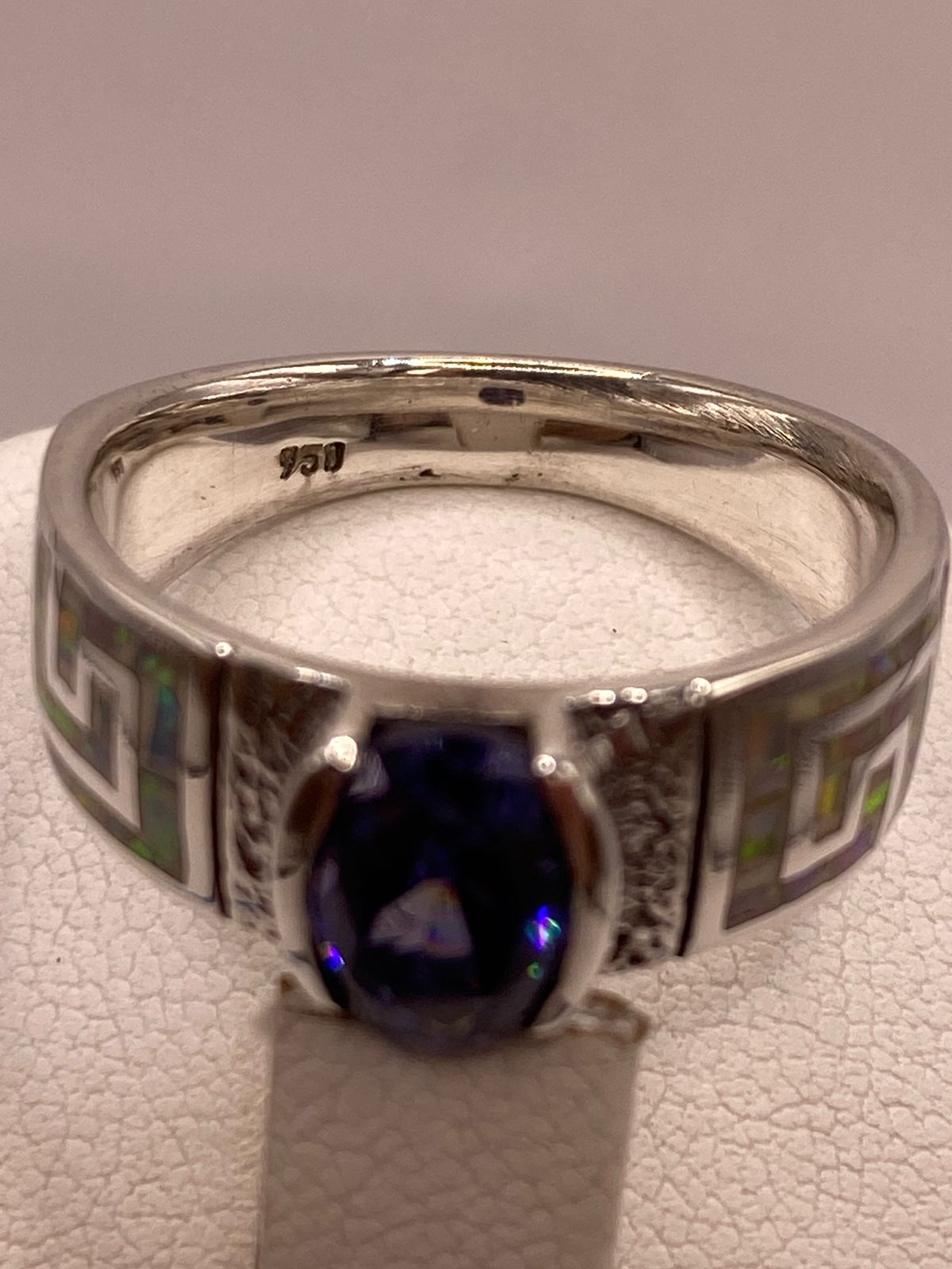 💙 Anillo de Plata .950 con Ópalo de Fuego y Zirconia Azul – Diseño Greca