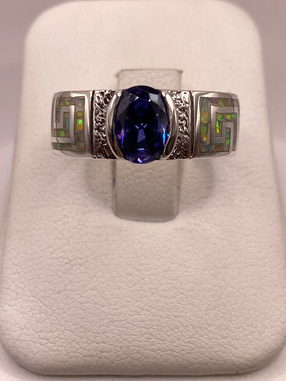 💙 Anillo de Plata .950 con Ópalo de Fuego y Zirconia Azul – Diseño Greca