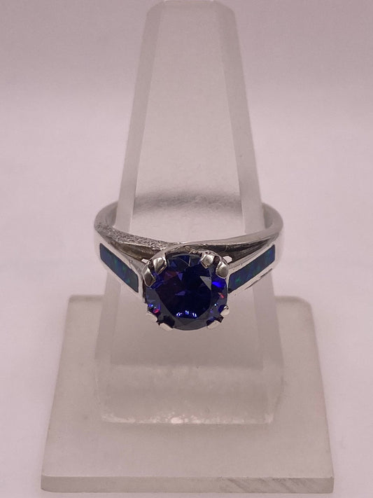 💍💙 ANILLO SOLITARIO ÓPALO AZUL & ZIRCONIA TANZANITA PLATA 950