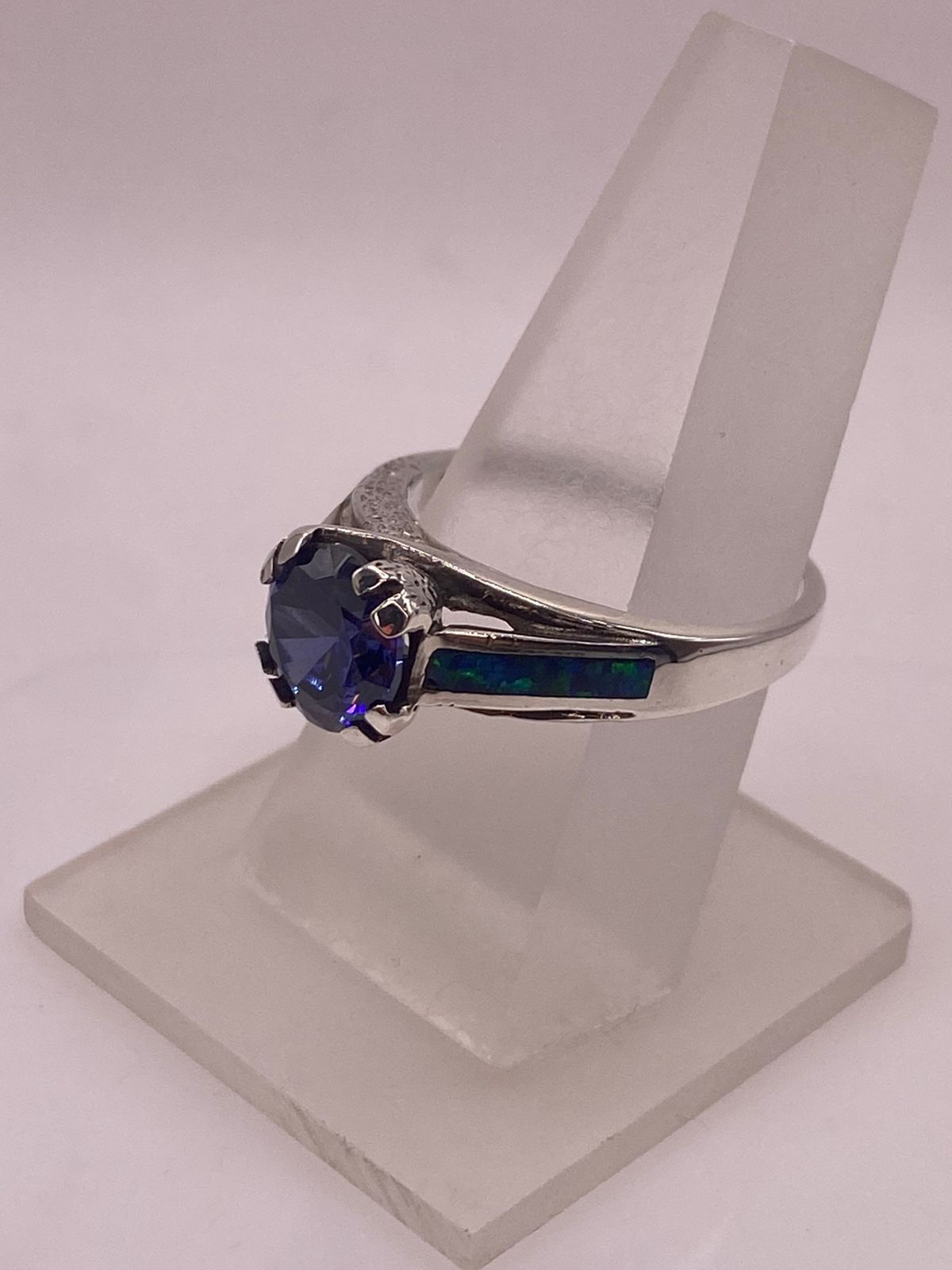 💍💙 ANILLO SOLITARIO ÓPALO AZUL & ZIRCONIA TANZANITA PLATA 950