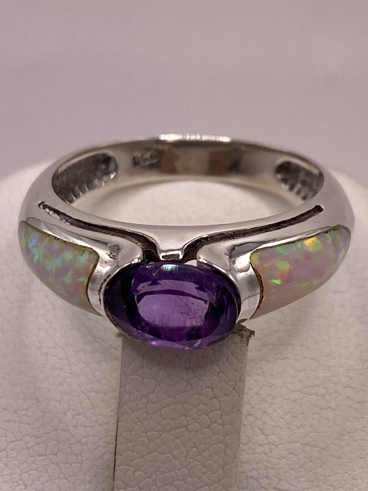 Anillo Solitario de Plata Ley 950 con Ópalo de Fuego y Zirconia