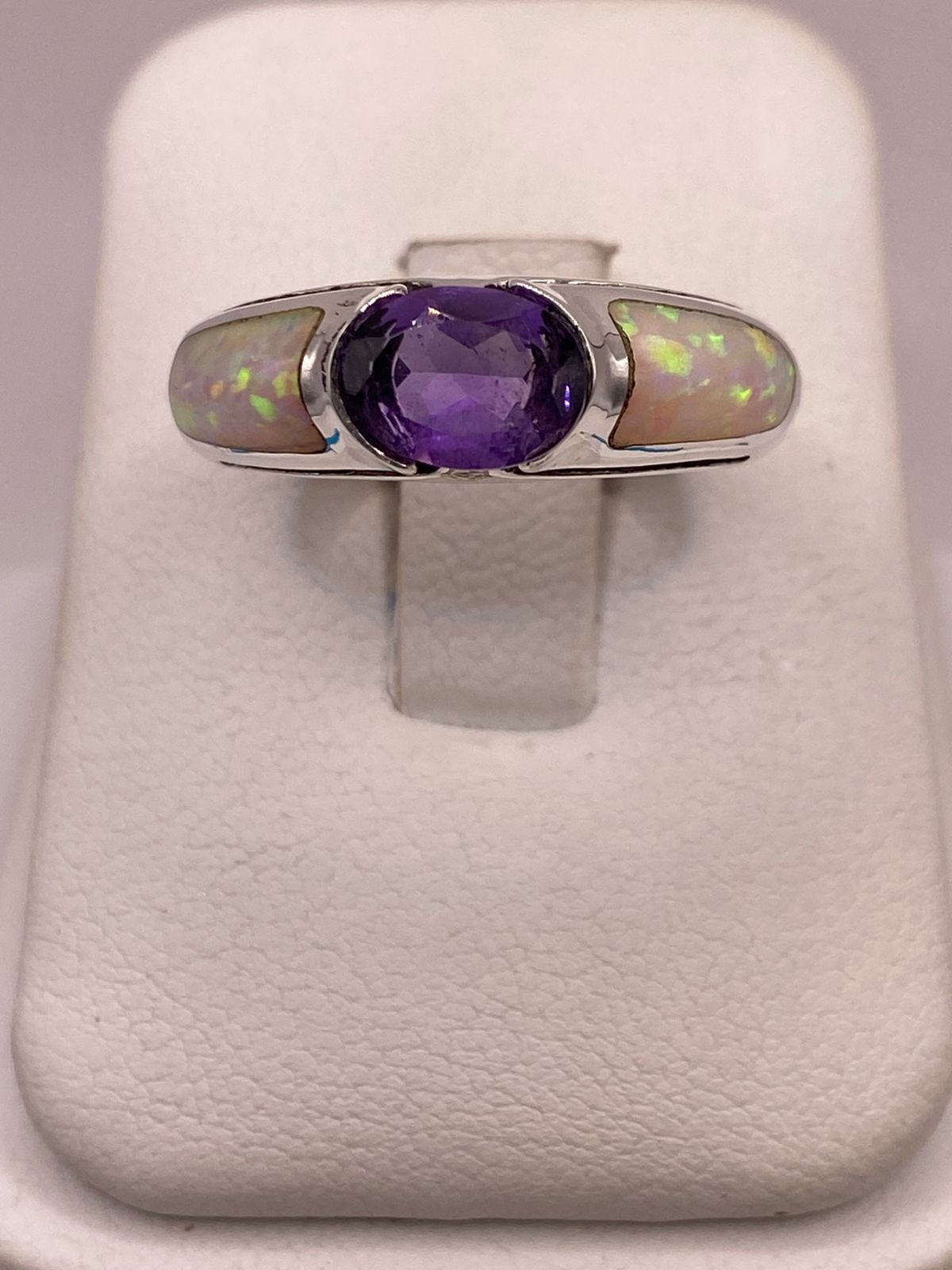 Anillo Solitario de Plata Ley 950 con Ópalo de Fuego y Zirconia