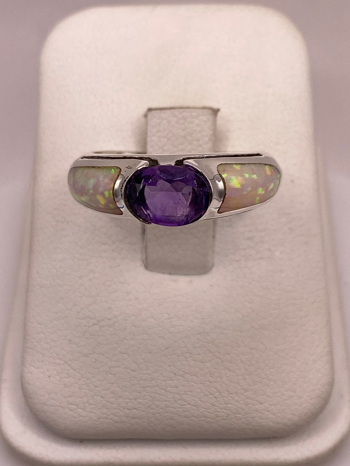 Anillo Solitario de Plata Ley 950 con Ópalo de Fuego y Zirconia
