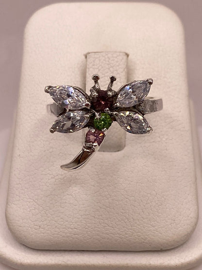 Anillo Tipo Libélula con Zirconias Multicolor en Plata Ley 925, vista frontal