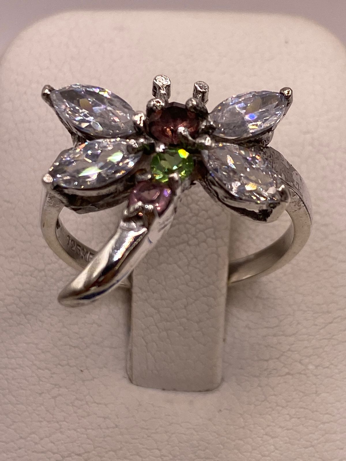 Anillo Tipo Libélula con Zirconias Multicolor en Plata Ley 925, vista superior