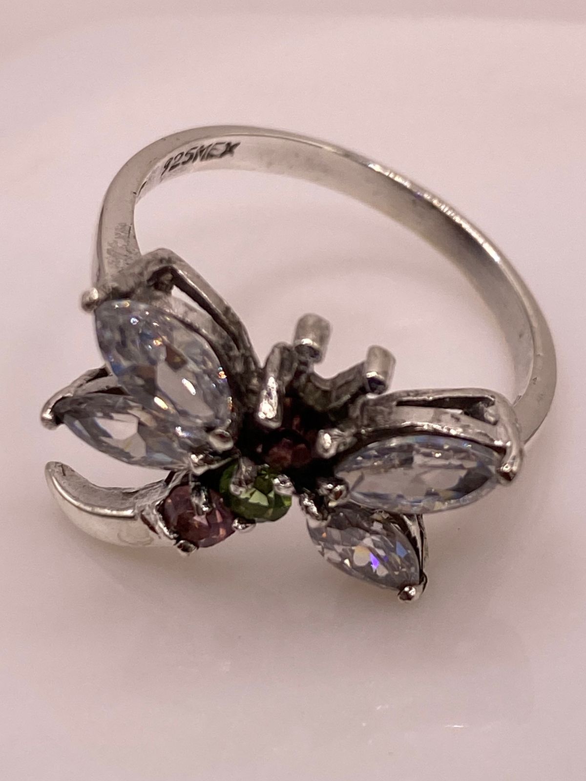 Anillo Tipo Libélula con Zirconias Multicolor en Plata Ley 925, sello de autenticidad Plata Ley .925