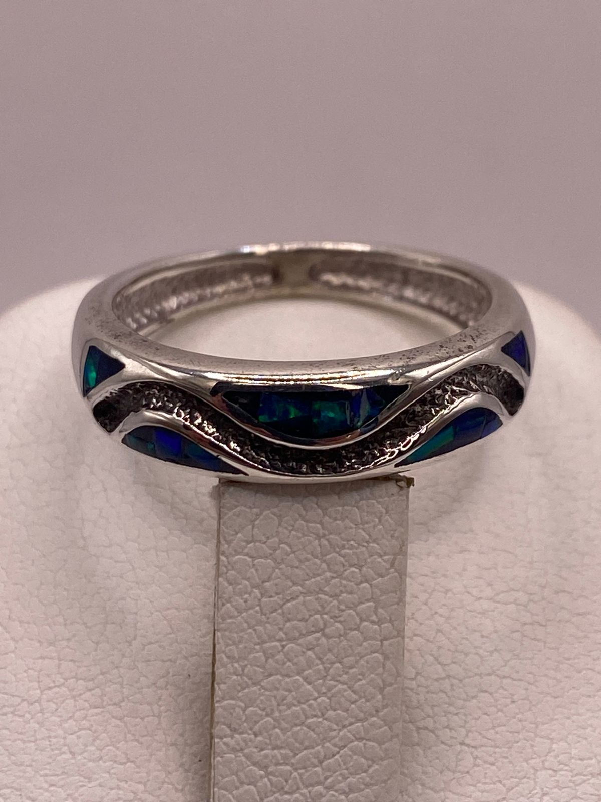 Argolla Ópalo de Fuego Azul Océano Ondas Plata 950