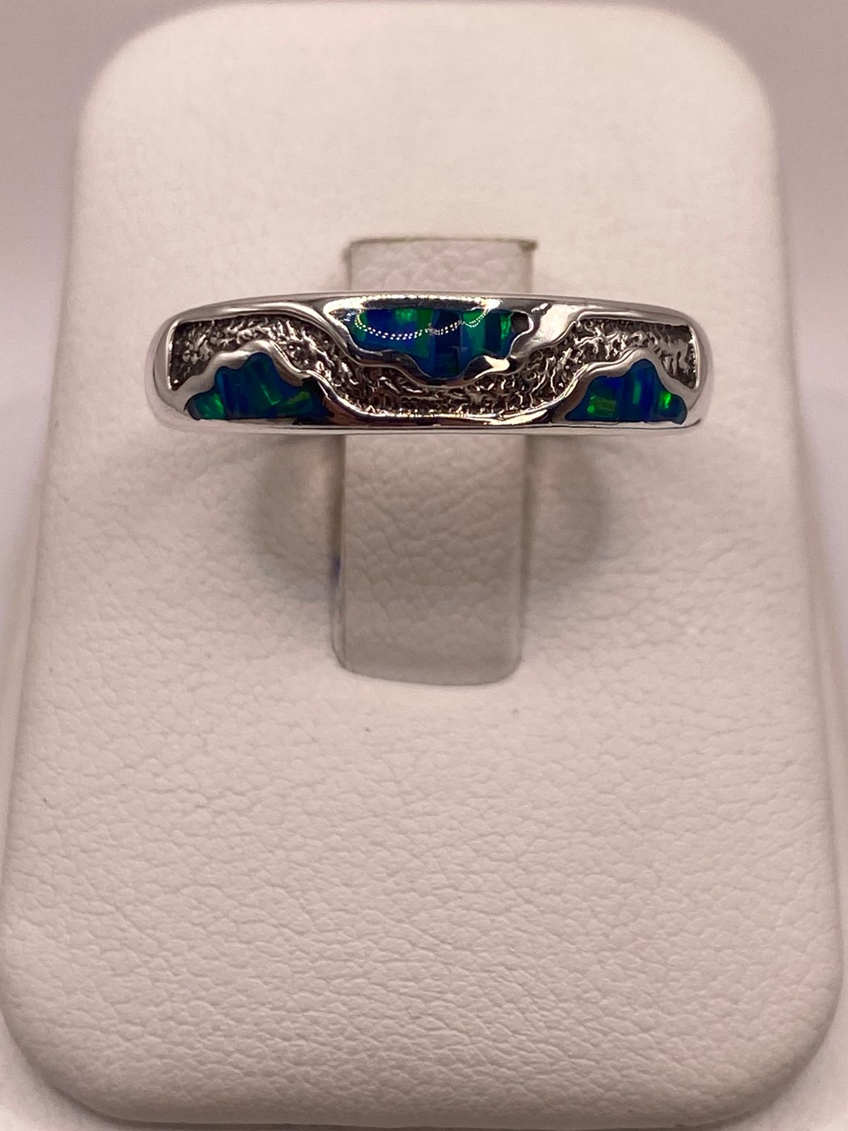 Argolla Ópalo de Fuego Azul-verde Ondas Artesanales Plata 950
